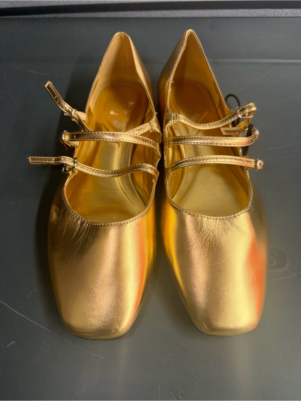 Zara Metallic Gold TripleStrap Ballet Flats